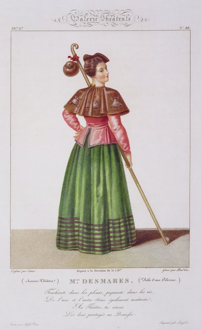 Mademoiselle Desmares in the role of a Pilgrim, plate 88 from Theatrical Gallery, engraved by Jean Prudhon, pub. 1812-34 by Sebastien after Coeure